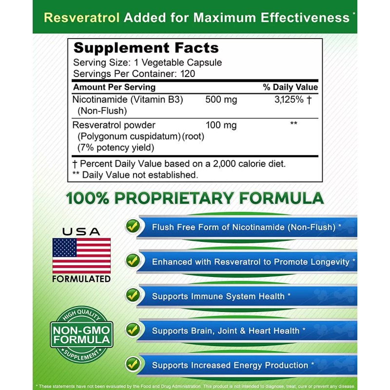aSquared Nutrition Nicotinamida 500 Mg Con Resveratrol Precursor Nad, Gmp