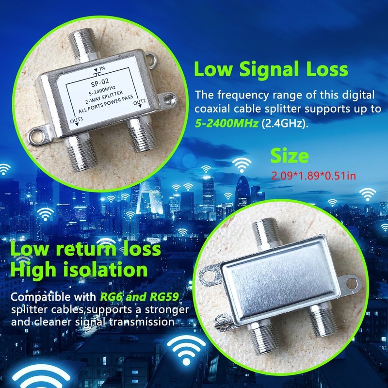 Coaxial Cable Splitter 2 Way, Coax Splitter Support 5-2400MHz, Digital