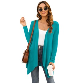 Veryoung Long Sleeve Cardigan for Women Lightweight Solid Casual Open Front Drape Light Knit Duster Fall Cardigans with Pockets 2024,Teal,M