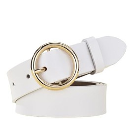 KMJI Women's Ladies Genuine Leather Waist Belt Round Buckle for Jeans Pants Casual Office Work Wear (White, M - 110cm: 32"- 36")