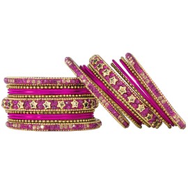 Aheli Traditional Gold Plated 2.6 Inch Rani Pink Silk Thread and Stone Studded Chuda Bangles Ethnic Stylish Fashion Jewelry Gift for Women