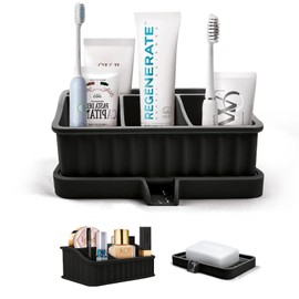 Toothbrush Holders for Bathrooms,Kids Electric Toothbrush and Toothpaste Holder with Drainage,5 Slots Detachable Soap Dish Toothbrush Holder Bathroom Counter Organizer for Vanity,Office (Black)