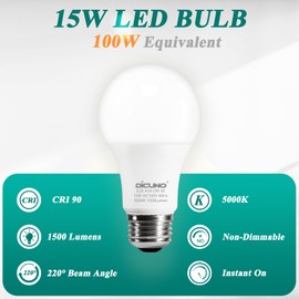 DiCUNO A19 LED Bulb 100W Equivalent, 1500 Lumens, Daylight White 5000K, A19 LED Light Bulbs, 15W, High CRI 90, E26 Screw Base, for Home, Living Room, Non-Dimmable, Frosted, 6 Pack