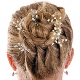DLAND 7 Pieces Elegant Pearl Crystal Hair Pins Pearl Floral Pearl Crystal Leaf Wedding Hair Accessory for Bridal Bridesmaids Flower Girls and All-Matching Dairly Hairstyle.(Silver,Gold)