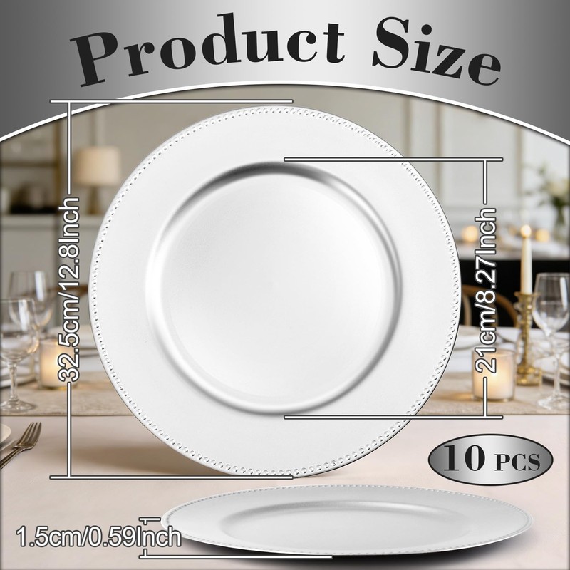 PLMMOUT 10 Pack Charger Plates Bulk, 13 Inch Silver Plastic
