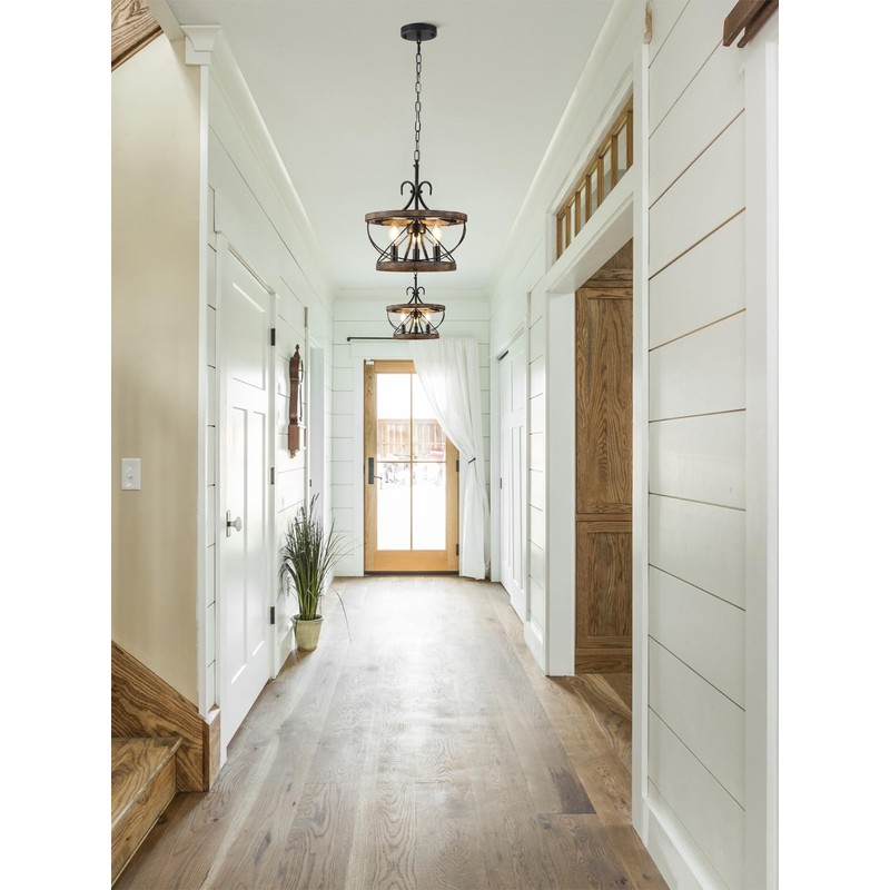 12 Inch Farmhouse Wood Chandelier Light Fixture, 3-Light French Country