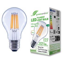 Filament LED Bulb Replaces 100 W, E27 A60, 7.2 W 1521 lm, 3000 K Warm White, 320°, 230 V Flicker-Free, Energy Efficiency A, Not Dimmable