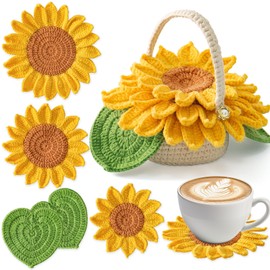Weldomcor Crochet Kit for Beginners, Crochet Coasters Kit, Flower Potted Plant Crochet Knit with Crochet Hook, Colorful Yarn, Stitch Marker, Accessories, Craft Lover DIY Material Tools (Sunflower)