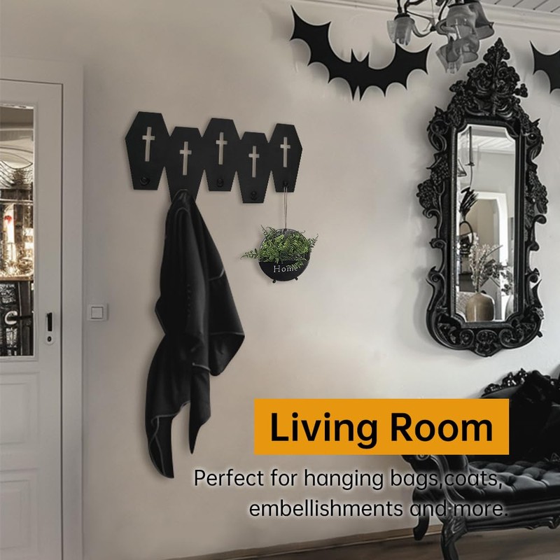 Coffin Coat Hooks, Black Wooden Coat Rack with 5 Hooks,