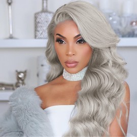 K'ryssma Ash Gray Synthetic Lace Front Wigs 22 inches Long Wave Synthetic Wig T4503 Wavy Grey Wigs for Women Heat Resistant Hair Half Hand Tied