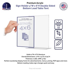 Marketing Holders Acrylic Sign Holder for 4" x 6" Literature Double Sided Upright Bottom Load Clear Graphic Image Display for Countertops in Retail Stores Reception Areas and Restaurants