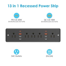 HHSOET 13 in 1 Recessed Power Strip Flat Plug, Fast Charging Furniture Outlet with USB, Conference Recessed Surge Protection Socket with 5 AC Plugs, 6 USB Ports 2 USB-C, 6ft Power Cord.(Black)