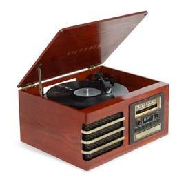 Victrola Ellington – 3-Speed (33 1/3, 45, 78 RPM) Bluetooth Record Player with CD Player, FM Radio, Premium Ceramic Stylus, & Built-in Speaker, RCA Out & Aux in, Wireless Music Streaming (Mahogany)
