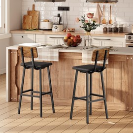 HOOBRO Black Bar Stools, Set of 2 PU Upholstered Tall Bar Stools, Kitchen Breakfast Stools with Footrests, Bar Chairs, for Kitchen, Dining Room, Bar, Cafe, Rustic Brown and Black BF84BY01G1N1