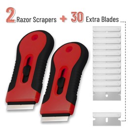 Bates- Razor Blade Scraper Tool Set, 2 Pack, Black & Red, 30 Extra Stainless Steel Blades, Anti-Slip Ergonomic Handle Design, Razor Scraper Tool for Glass