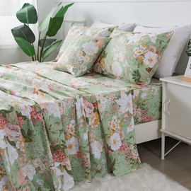 FADFAY Shabby Floral Sheets Full Size 100% Cotton Vintage Garden Flower Bed Sheet Soft Girls Women Cottagecore Room Decor Lily Blush Pink Hydrangea Printed Deep Pocket Sheet 17.5 inch