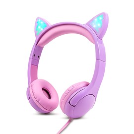 Olyre Olyre Kids Headphones, Safe 85db Volume Control Light Up Cat Ear Headphones for iPad Fire Tablet Kindle, On-Ear LED Children Headphones for School Learning Travel - Purple/Pink