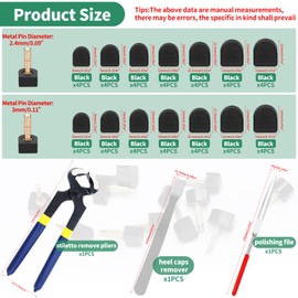 Yauhar 67Pcs High Heel Tips Replacement Kit with Repair Tools, 8mm/9mm/10mm/10.5mm/11mm/12mm U Shape Skid Resistant Heels Tips Dowels for Stiletto (2.4/3.0mm Nail Diameter)