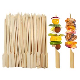 VEGCOO 250 PCS Bamboo Paddle Skewers, 9CM Bamboo Skewers Wooden Grill, Flat Burgers Sticks Children Skewers Kids Fruits Picks Barbecue Kebabs Skewers Cocktail Sticks Skewers for Buffets Party (9 CM)