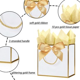 SHIPKEY 10PCS White Gift Bags (Gold Trim), 11"x4"x8" Medium Welcome Bags, Luxury Shopping Bag with Ribbon Handle and Bows (28x10x20cm)