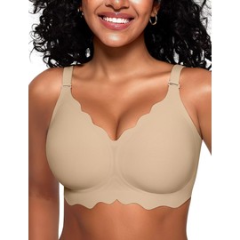 Vertvie Women's Push Up Bra without Underwire Seamless Deep V-Neck Curve Non-Wired Bra Soft Cups Seamless Bra Comfortable Soft Sports Butsier Removable Straps, sand colour