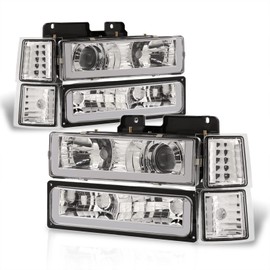 AJP Distributors Chrome LED DRL Projector Head Lights + Corner Bumper Signal Lamps Set Compatible/Replacement For C10 C/K C1500 C2500 C3500 K1500 K2500 K3500 Silverado Suburban Tahoe 94 95 96 97 98 99
