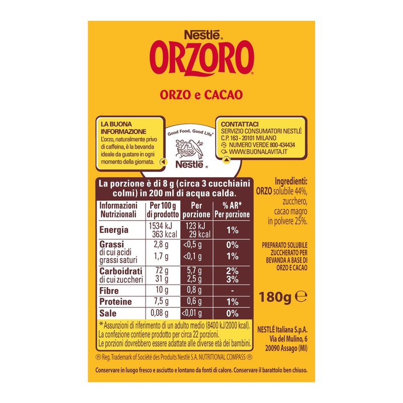 NESTLÉ ORZORO Orzo e Cacao Solubile, Barattolo 180g