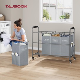 Tajsoon 4 Bag Laundry Sorter Cart, 4 Section Laundry Hamper Sorter with Heavy Duty Lockable Rolling Wheels, Laundry Separator Hamper with Removable Bags for Dirty Clothes Storage, Grey & White
