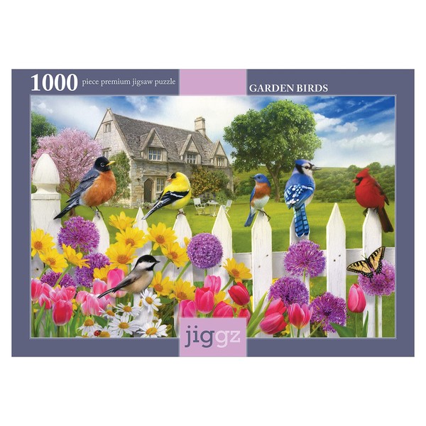 1000pc Jiggz Garden Birds Premium Jigsaw Puzzle - Every Piece is Unique - Challenging Adult Fun Family Game - Country Cottage, Cute Animals, Flowers
