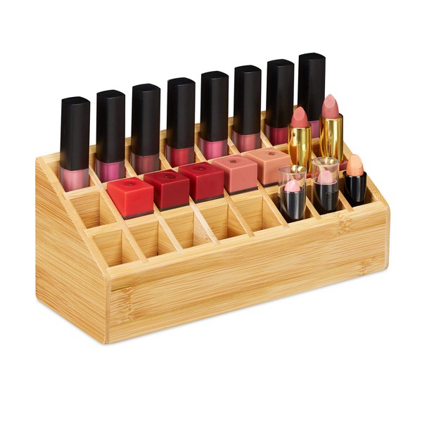 Relaxdays Lipstick Holder Bamboo 24 Compartments Natural Look Holder for Lip Gloss & Brushes HBT 10 x 23 x 9 cm Natural