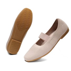 DEXJEWU Women’s Flats Shoes Knit Mary Jane Ballet Flat Comfort Walking Dressy Work Office Ballerina Slip-on Shoes with Strap, 027 Beige, 7.5 US