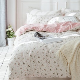 HighBuy Floral Girl Duvet Cover Twin XL Size Cotton White Pink Coquette Bedding Comforter Covers Twin XL Bedding Set Lightweight Soft Aesthetic Garden Style with Zipper Closure for Children