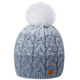 MFAZ Morefaz Ltd Women Men Winter Beanie Hat Knitted Chunky Fashion Ski Cap Pom Pom Fleece Lining (Grey White)