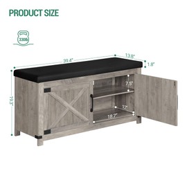 Hzuaneri Farmhouse Shoe Storage Bench, 2 Tier Shoe Bench with Padded Seat Cushion & 2 Barn Doors, Entryway Bench with Adjustable Shelf, Shoe Cabinet for Living Room, Bedroom, Greige SB26605BK