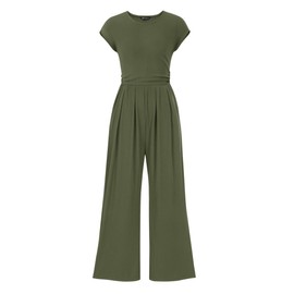 PRETTYGARDEN Summer Jumpsuits for Women Dressy 2025 Ribbed Cap Sleeve Wide Leg Pants Rompers Elegant Casual One Piece Outfits (Army Green,Large)