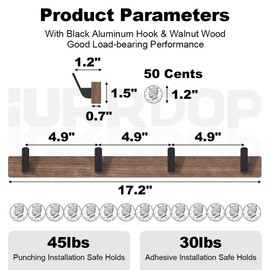 IURRDOP Black Walnut Wood Wall Mount Coat Rack with 4 Hooks, Adhesive Mounted Rustic Decorative Entryway Hooks, Mid Century Modern Natural Wooden Pegs for Hanging Coat Clothes Hat Bag Purse and Towel