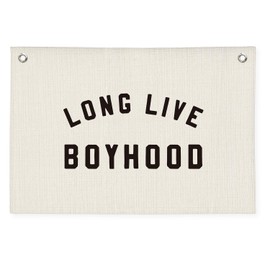 Wheatwin "Long Live Boyhood" Wall Banner 20x30 Inch - Boys Room Decor, Linen Canvas Wall Hanging for Toddler Playroom, Rustic Nursery Sign, Adventure Theme Kids Bedroom Banner - White