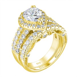 Wuziwen 4 Carat Pear Shaped Bridal Set Engagement Ring for Her AAAAA CZ Yellow Gold Plated Size 9