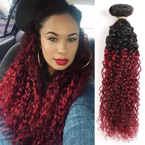 Feelgrace Original and Remy Brazilian Virgin Kinky Curly Human Hair Extension Bundles (1 Piece, 100 Gram) Ombre 2 Tone Natural to Burgundy Virgin Curls Kinky Hair Weave Bundles (14 inches)
