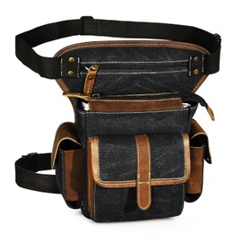 Handadsume Canvas + Genuine Leather Motorcycle Travel Fanny Waist Pack Drop Thigh Leg Bag Pouch for Men Women FB913-5 FB3106 FB3111 (Black)