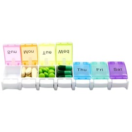 Poundsaver Weekly Pill Organizer, Pill Box 7 Day 1 Times a Day, 7 Large Compartments, Push Button Pop Open Design (White)