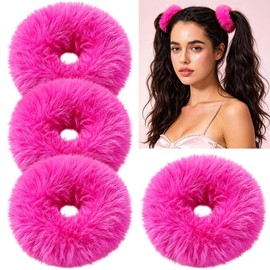 4PCS Hot Pink Pom Pom Hair Ties Hair Scrunchies Y2K Hair Accessories Furry Faux Rabbit Hair Scrunchies, Hot Pink Hair Bands Soft Fuzzy Y2K Accessories for Girls, Women, Halloween, Rave Outfit