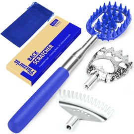 Plazuria Oversized Back Scratcher Massager with 3 Detachable Heads, Stocking Stuffer for Men & Women, Extendable 30" Handle with Spikes, Rake & Bear Claw Heads (Navy Blue)