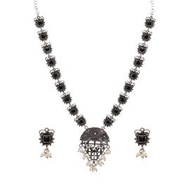 Efulgenz Oxidized Indian Jewelry Necklace Sets Black Indian Oxidized Jewelry Oxidized Choker Necklace Earrings Set Antique Boho Crystal Faux Pearl Floral Swamp Deer Pendant Necklace Drop Dangle