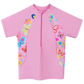 Girls Rash Guard Swimsuits Set 2 Pieces Bathing Suit UPF50+ Kids Zipper Beach Swimming Skirts with Shorts Swimwear 3-12Y, Stylish Pinkbutterfly, 3-4T