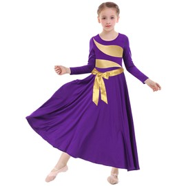 yrsZX Girl's Praise Dance Dress Leaf Gold Metallic Long Sleeve Liturgical Worship Lyrical Dance Costume Church Robe Tag150, Purple, Without Golden Bow Belt