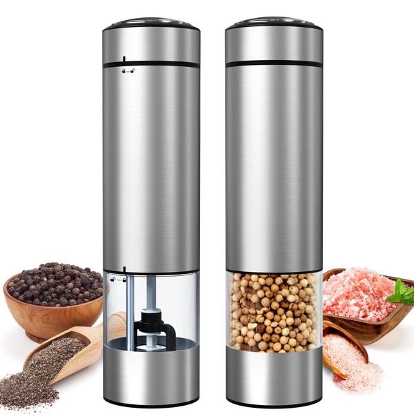 innhom Salt and Pepper Mills Electric Set of 2 Stainless Steel Pepper Mills Adjustable Coarseness Spice Mill Electric Automatic Grinding with LED Light for BBQ Restaurant (Stainless Steel)