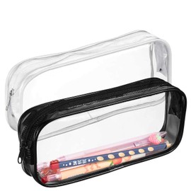 WANGCL 2 Pieces Transparent Pencil Case PVC Transparent Pen Bag Waterproof Zipper Bags for Student Examination Office Stationery Travel Toiletries (Black+White)