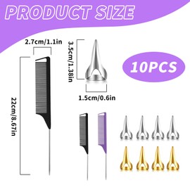 10 Pcs Hair Braiding Tools, Hair Parting Tool Set with 2 Tail Combs and 8 Stitch Braid Tool Finger Parting Rings Steel Pintail Comb Cutting Rat Tail Combs Hair Braiding Tool for Women and Men