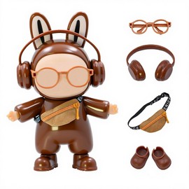 aimpiwt 4-Piece 17cm Doll Clothes Set - Brown Fashion Outfit with Headphones, Crossbody Bag, Shoes & Glasses, Perfect for Cosplay & Photography, No Doll Included